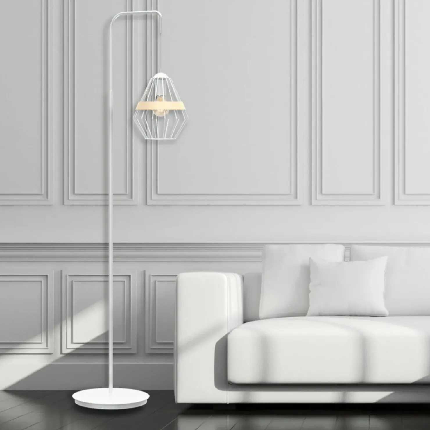 Biała lampa podłogowa z drucianym kloszem MLP5522 z serii CLIFF | Kaja Oświetlen*Sklep Kaja Online