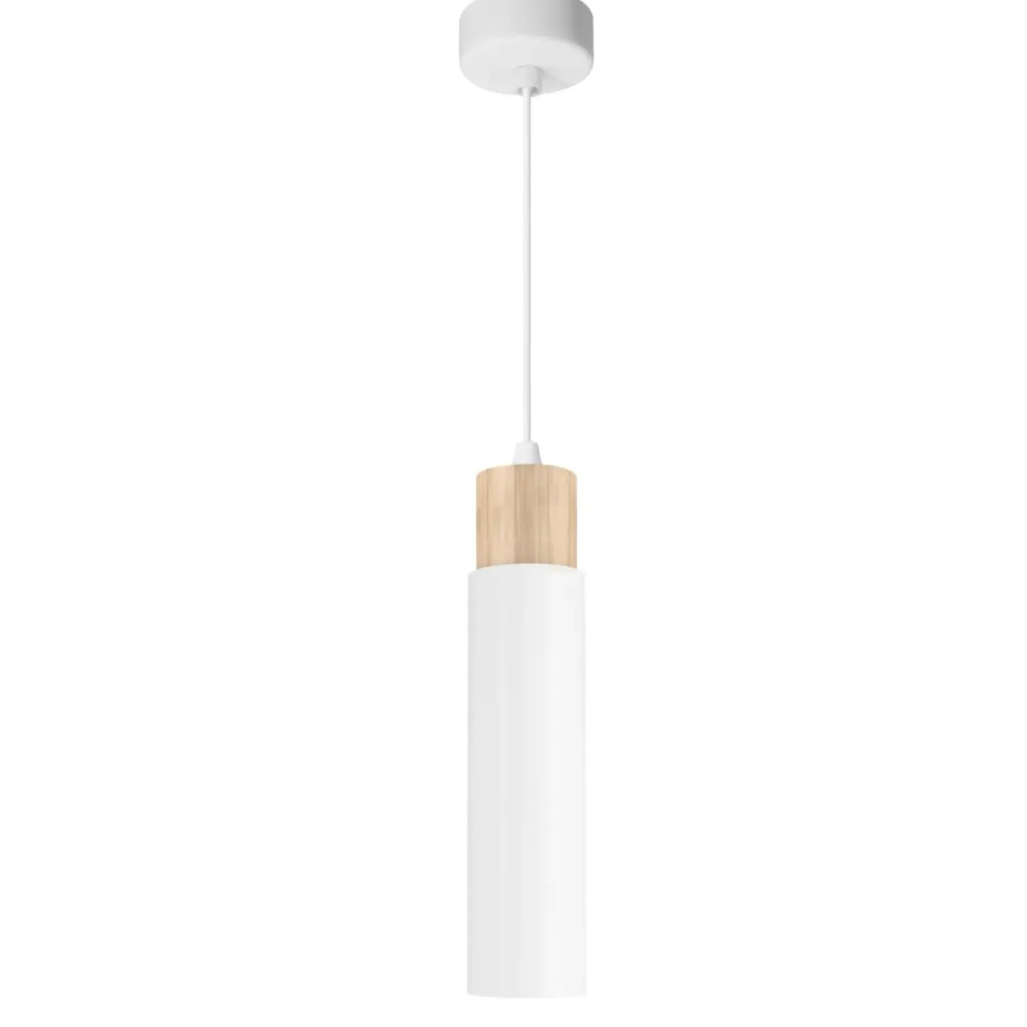 Discount Sklep Kaja Biała lampa wisząca, tuba, z elementem drewna 31-27764 z serii CLARO | Kaja Oświ