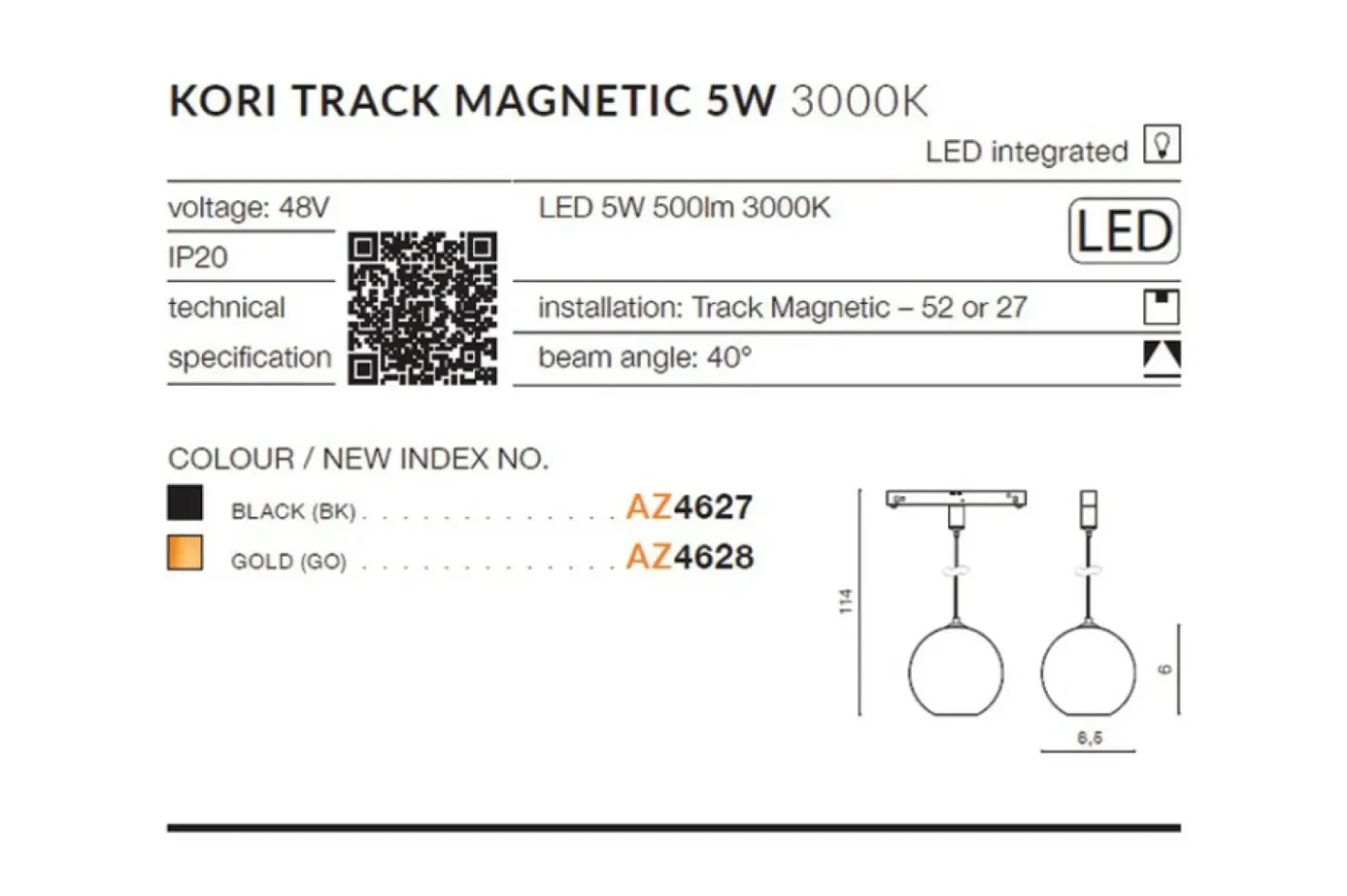 Czarna kula LED do szyny 1-fazowej magnetycznej AZ4627 z serii KO*Sklep Kaja New