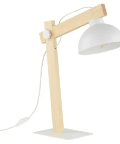 Designerska, biała lampka biurkowa z drewnem TK 5347 z serii OSLO*Sklep Kaja Store