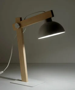 Designerska, biała lampka biurkowa z drewnem TK 5347 z serii OSLO*Sklep Kaja Store