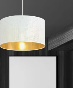 Store Sklep Kaja Klasyczny zwis z biało-złotym abażurem 1147/1 ASTON | Kaja Oświetlenie