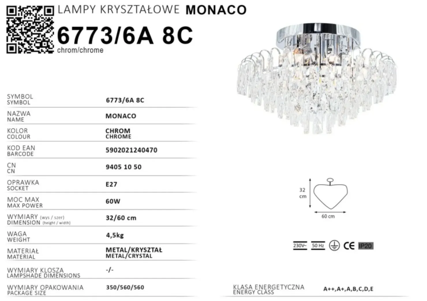 Kryształowa plafoniera do salonu 6773/6A 8C MONACO | Kaja Oświetlenie*Sklep Kaja Sale