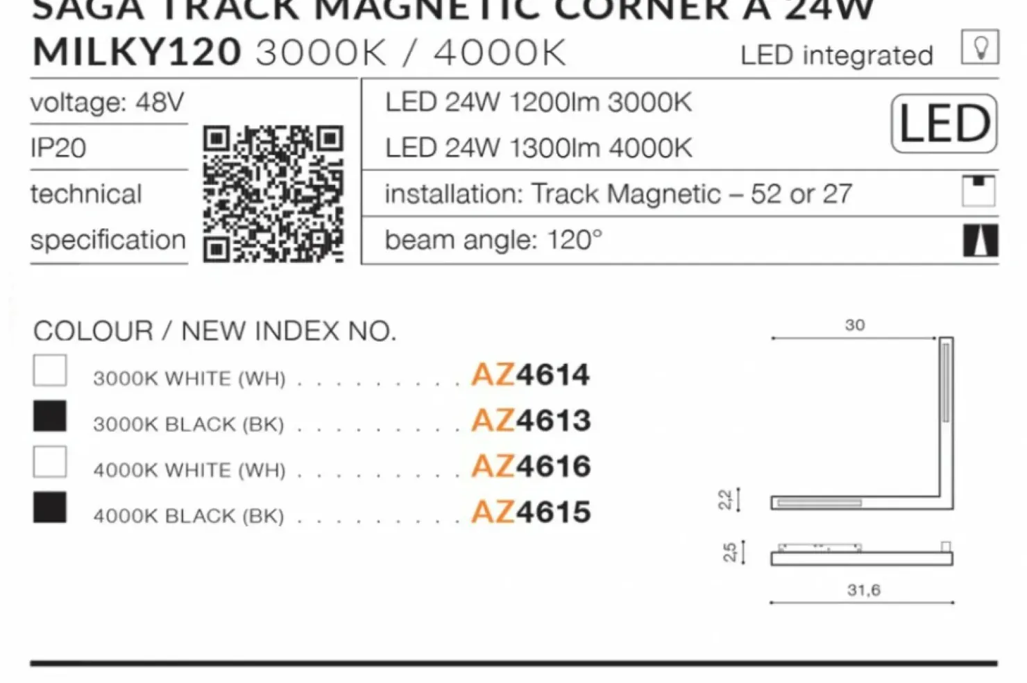 Narożny reflektor LED do szyny magnetycznej 1-fazowej AZ4616 SAGA*Sklep Kaja Discount