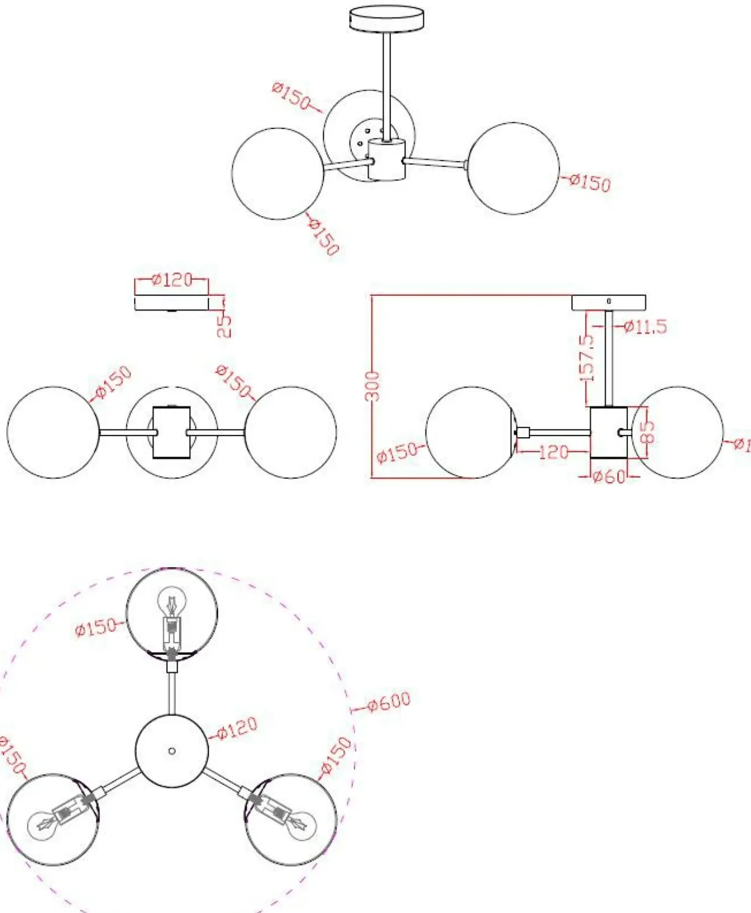 Outlet Sklep Kaja Ponadczasowa lampa z okrągłymi kloszami LP-1345/3P BK z serii ROMA