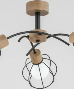Clearance Sklep Kaja Potrójna lampa sufitowa w drewnie, druciane klosze AL 28383 | Kaja