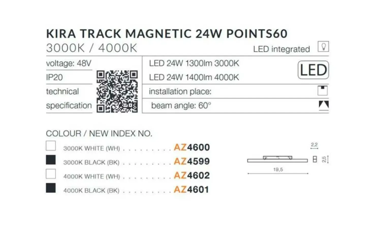 Reflektor do szyny 19,5cm 24W 3000K AZ4600 KIRA ALFA MAGNETIC 48V*Sklep Kaja Best Sale